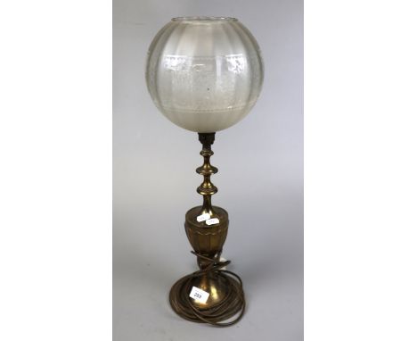 Brass table lamp with etched glass globe shade 