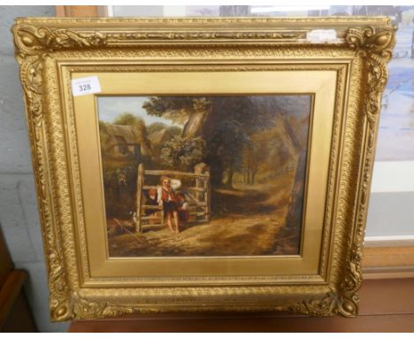 19thC oil children at open gate - Approx image size: 30cm x 25cm