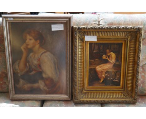 Painting of a girl with a letter together with a print of an Art Nouveau girl in gilt frame