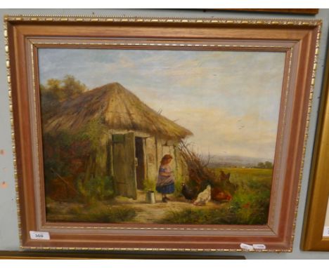 Oil on canvas - Girl feeding chickens signed by R Hardy - Approx image size: 45cm x 34cm 