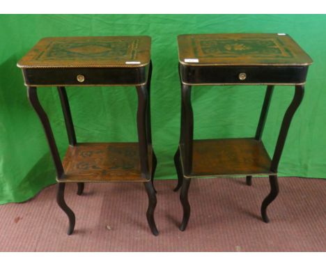 2 19thC ebonised and Louie IX marquetry lamp tables with single drawer to each 