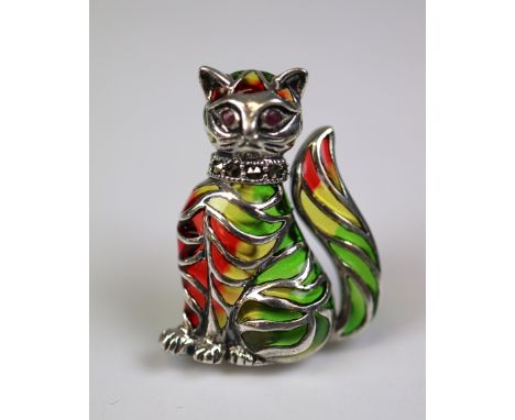 Silver enamel ruby eyed cat brooch/pendant 