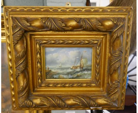 Oil on board sailing boat seascape in ornate gilt frame - Approx image size: 16cm x 11cm 