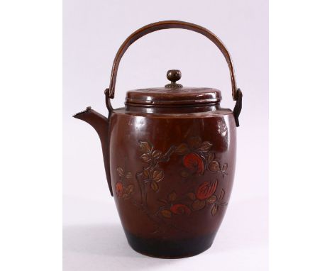 A JAPANESE MEIJI / TAISHO PERIOD FLORAL TEAPOT &amp; COVER, with carved decoration depicting native sprays of flora, the inte
