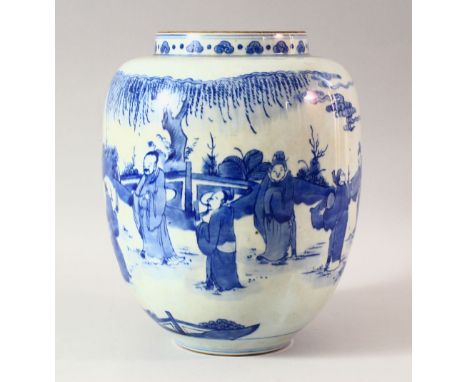 A CHINESE KANGXI STYLE BLUE AND WHITE LANTERN JAR, possibly republic, the body painted with figures in a landscape setting, 2