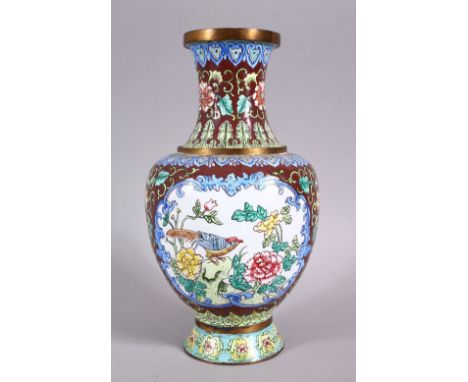 A GOOD 20TH CENTURY CHINESE ENAMEL VASE - ith a cafe au lait ground and panels of birds amongst flora, with lappet borders, 2