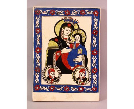 A TURKISH OR ARMENIAN POTTERY TILE, with figural decoration, and floral borders, 30cm x 21cm