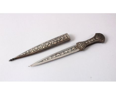 A 19TH CENTURY OTTOMAN SMALL SILVER INLAID STEEL CHILDS DAGGER, 15cm.