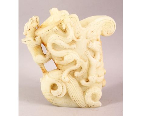 A LARGE CHINESE CARVED JADE LIBATION CUP WITH CHILONG - the libation cup with carved chilong decoration, 20cm