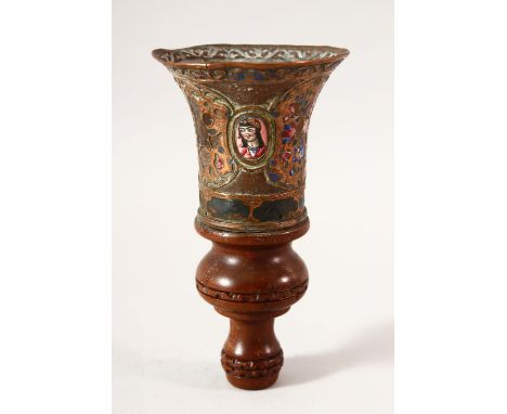 A PERSIAN QAJAR ENAMEL, BRASS AND WOOD HUQQA PIECE, 16CM