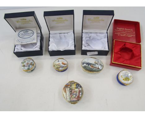 Five Crummles handpainted enamel boxes&nbsp;to include limited edition 1985 children in the snow, the Old Whalers, the Entre 