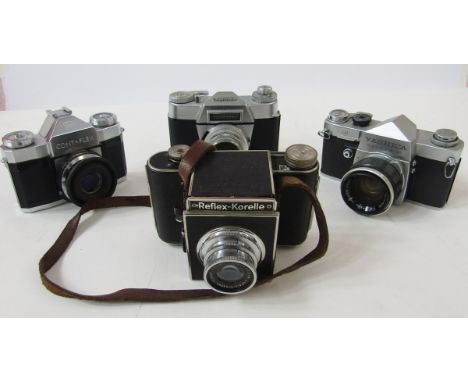 Reflex-Korelle SLR camera, with Victar 1:3,5 f=7.5cm lens, together with a Voigtlander Bessamatic, Zeiss Ikon Contaflex and a