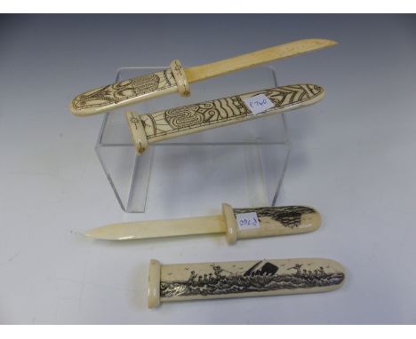 TWO BONE KNIVES, POSSIBLY SIBERIAN, ONE HANDLE AND SCABBARD ENGRAVED WITH WHALING SCENES AND THE OTHER WITH TOTEMIC MASKS.   