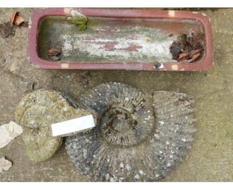 TWO CARVED COMPOSITE AMMONITE SCULPTURES, TOGETHER WITH  SMALL SALT GLAZED TROUGH