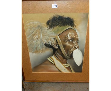 A PASTEL PORTRAIT OF A TURKANA TRIBESMAN, SIGNED LOWER RIGHT ANA'70.   48 x 41cms. TOGETHER WITH THREE FRAMES OF THREE AFRICA