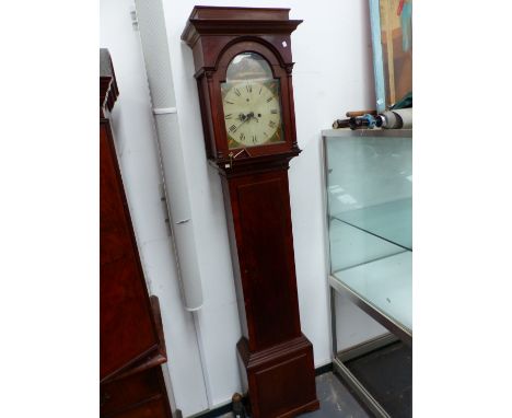 A 19th C. OAK AND MAHOGANY LONG CASED CLOCK INDISTINCTLY SIGNED BELOW COWS PAINTED IN THE ARCH OF THE DIAL WITH SUBSIDIARY DA