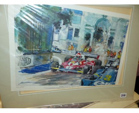 AFTER WALTER GOTSCHKE (1912-2000) ARR. FIVE PENCIL SIGNED COLOUR PRINTS OF VARIOUS AUTOMOBILE RACES INCLUDING, MONACO 1976, C