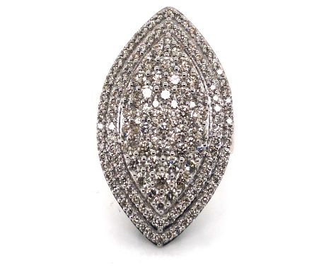 A 9ct WHITE GOLD HALLMARKED MARQUISE SHAPE MULTI DIAMOND CLUSTER RING. APPROX TOTAL DIAMOND WEIGHT 3.00cts. FINGER SIZE N. WE