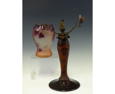 A LEGRAS CAMEO GLASS VASE ETCHED WITH PURPLE VINE LEAVES.   H 15cms. TOGETHER WITH AN ARGENTAL CAMEO GLASS LAMP BASE ETCHED W