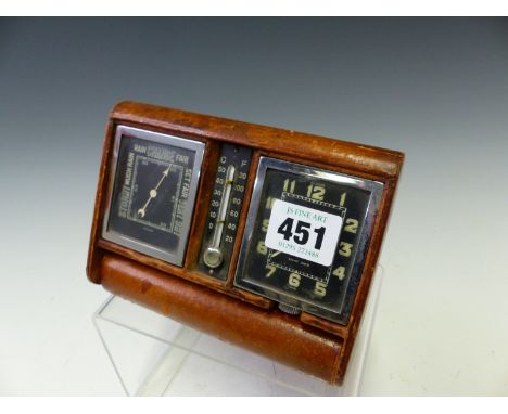 A LEATHER CASED LE COULTRE CHROME FRAMED TRAVEL CLOCK, BAROMETER AND MERCURY THERMOMETER