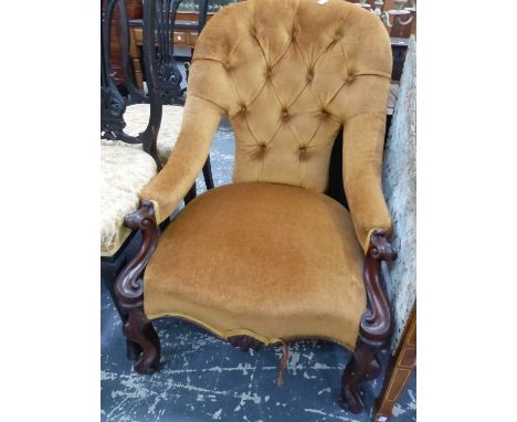 A VICTORIAN BUTTON BACK UPHOLSTERED MAHOGANY ARMCHAIR TOGETHER WITH A SIDE CHAIR NOW WITH A WOVEN STRING SEAT