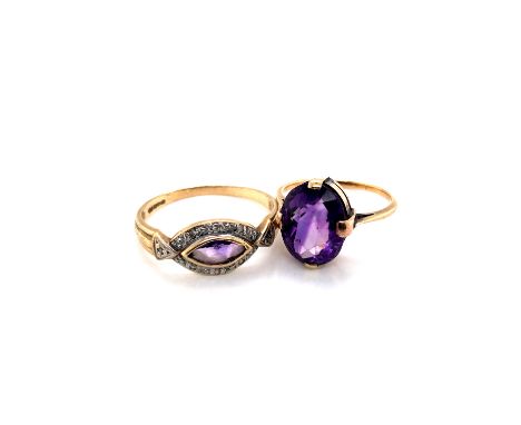 A 9ct HALLMARKED GOLD AMETHYST AND DIAMOND DRESS RING, TOGETHER WITH AN OVAL CUT SINGLE STONE FOUR CLAW SET AMETHYST RING, ST