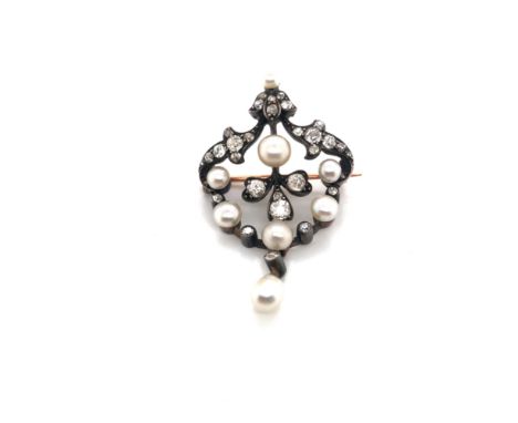 A ANTIQUE DIAMOND AND PEARL GARLAND ARTICULATED BROOCH. UNHALLMARKED, ASSESSED AS 9ct WITH SILVER OVERLAY. MEASUREMENTS 4.0 x