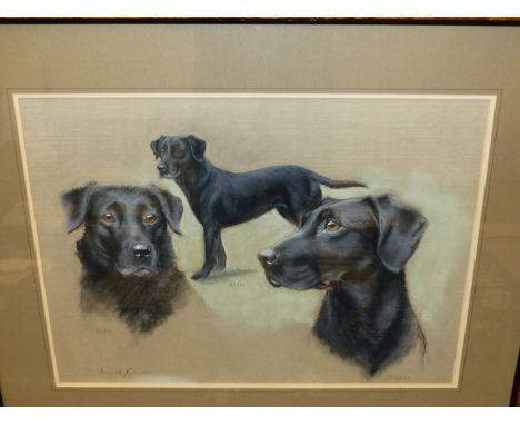 A. RAYNER (20th/21st C.) ARR.  PORTRAIT OF THREE BLACK LABRADORS, SIGNED, PASTEL. 39 x 54cms