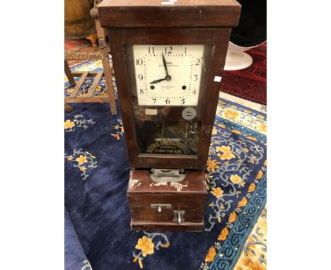 TWO NATIONAL TIME RECORDER CLOCKING IN CLOCKS IN STAINED WOOD CASES.   H 98.5cms.