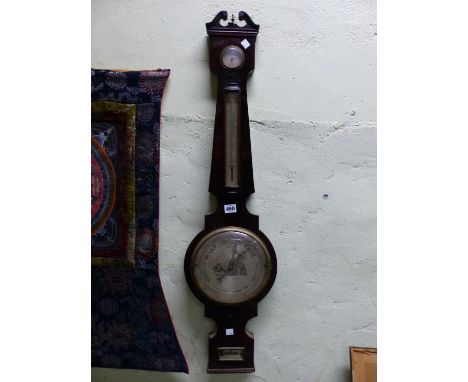 A 19th C. ROSEWOOD WHEEL BAROMETER BY G KALABERGO, BANBURY, THE BROKEN PEDIMENT ABOVE DRY/DAMP DIAL, MECURY THERMOMETER, THE 