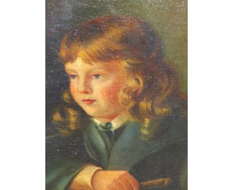 19th C. ENGLISH SCHOOL. PORTRAIT OF A BOY HOLDING A WHIP, OIL ON CANVAS. 52 x 41cms