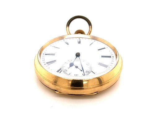AN ANTIQUE 18K STAMPED OPEN FACE SWISS MANUAL WOUND POCKET WATCH. THE CASE INSIDE COVER STAMPED 18K , SERIAL NUMBER 100916, A