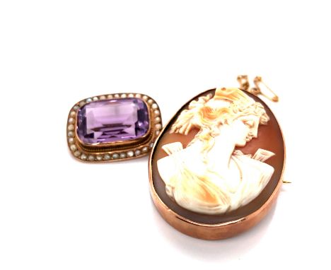 A VINTAGE 9ct HALLMARKED AMETHYST AND SEED PEARL BROOCH, TOGETHER WITH A EARLY 20th CENTURY PORTRAIT CAMEO BROOCH, UNHALLMARK