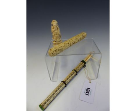 A CHINESE CHOPSTICK AND KNIFE CASE ENGRAVED WITH AUSPICIOUS OBJECTS, AN IVORY KING CHESS PIECE.   H 7.5cms. TOGETHER WITH A S