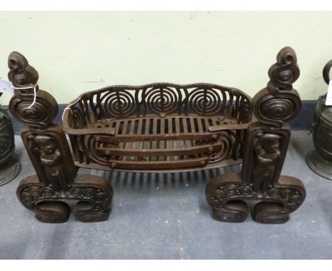 A VINTAGE WROUGHT IRON FIRE FENDER W104CM TOGETHER WITH AN UNUSUAL GRATE AND A PAIR OF SIMILAR FIGURAL AND IRONS ( PROVENANCE