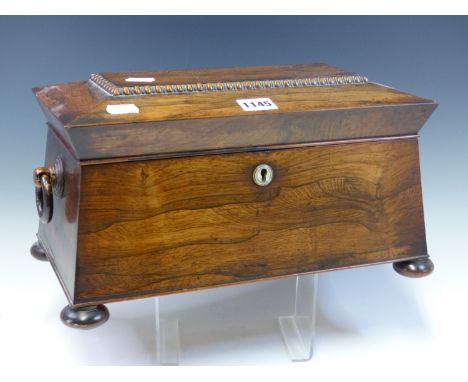 A 19th C. ROSEWOOD SARCOPHAGUS TEA CADDY, THE INTERIOR WITH TWO CANNISTERS AND A GLASS MIXING BOWL, THE CIRCULAR KEY ESCUTCHE