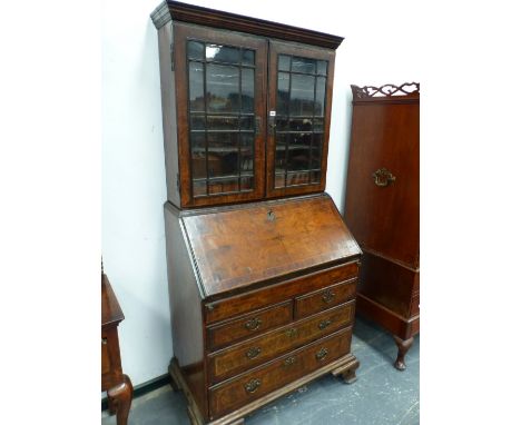 AN 18th C. AND LATER HERRING BONE LINE INLAID WALNUT BUREAU BOOKCASE, THE UPPER HALF WITH GLAZED DOORS OVER SHELVES, THE FALL