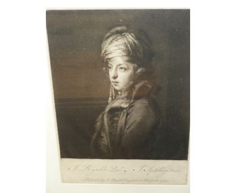 AN ANTIQUE PORTRAIT PRINT AFTER SIR JOSHUA REYNOLDS OF GUISEPPE MARCHI, COLNAGHI LABEL VERSO. 34 x 24cms TOGETHER WITH A CLAS