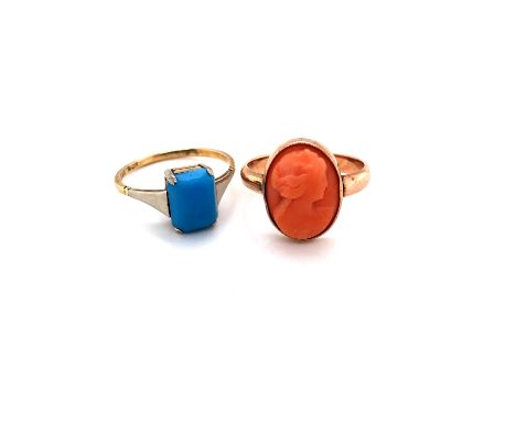 A CARVED PORTRAIT CORAL RING TOGETHER WITH A VINTAGE TURQUOISE RING, BOTH STAMPED 9ct, ASSESSED AS 9ct GOLD. FINGER SIZES O A