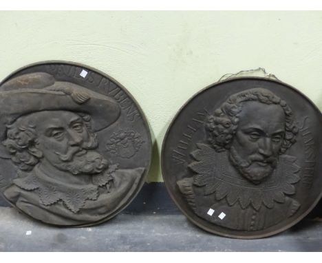 TWO 19th C. CAST IRON RELIEF ROUNDELS DEPICTING WILLIAM SHAKESPERE AND PAUL PETER RUBENS.   Dia. 56cms.