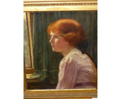 EARLY 20th.C ENGLISH SCHOOL. PORTRAIT OF A RED HAIRED GIRL, SIGNED AND DATED INDISTINCTLY, OIL ON BOARD. 36 x 31cms