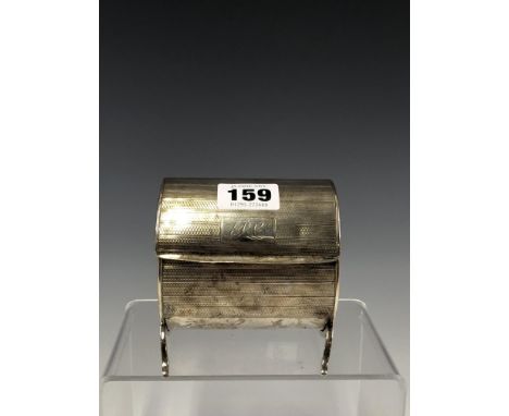 AN ENGINE TURNED SILVER CIGARETTE BOX BY SAMPSON MORDAN AND CO,, LONDON 1915. THE CYLINDRICAL SHAPE SUPPORTED ON FOUR LEGS.  