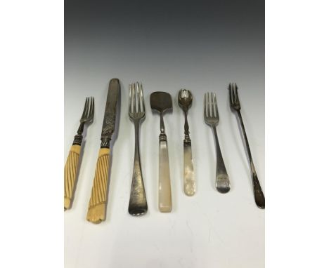 A BONE HANDLED SILVER KNIFE AND FORK, A GEORGE III HANOVERIAN PATTERN TABLE FORK, AN OLD ENGLISH PATTERN DESSERT FORK, TWO PI