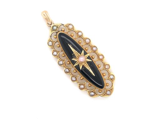 AN ANTIQUE SEED PEARL MOURNING PENDANT. THE GLAZED REVERSE PANEL WITH WOVEN HAIR. UNHALLMARKED, ASSESSED AS 9ct GOLD. LENGTH 