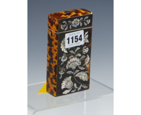 A MOTHER OF PEARL INLAID TORTOISESHELL CASE WITH FLORAL INLAY.   12 x 6cms.