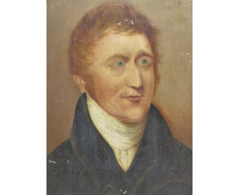 EARLY 19th C. ENGLISH SCHOOL. PORTRAIT OF A GENTLEMAN, OIL ON BOARD. 40 x 34cms