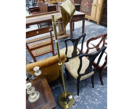 A STANDARD LAMP WITH AN ADJUSTABLE SHADE AND ARM FROM THE BRASS COLUMN TOGETHER WITH A FIVE LIGHT NICKEL CANDELABRUM