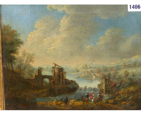 OLD MASTER SCHOOL TRAVELLERS IN A ITALIANTE LANDSCAPE, OIL ON CANVAS LAID DOWN. 32 x 36cms
