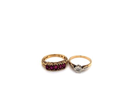 TWO HALLMARKED 9ct GOLD DRESS RINGS. THE FIRST A FIVE STONE RUBY RING IN A CARVED SETTING, TOGETHER WITH A DIAMOND ILLUSION S