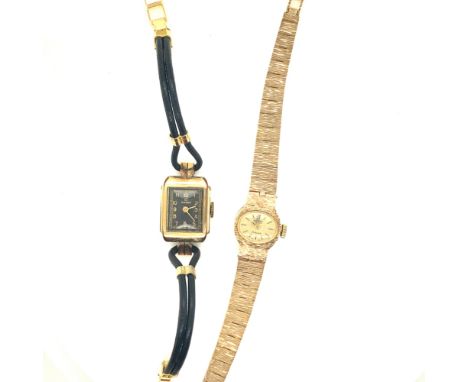 A HALLMARKED 9ct GOLD VINTAGE LADIES ROTARY BRACELET WATCH WITH A LADDER CLASP, TOGETHER WITH VINTAGE LADIES GOLD PLATED OMEG